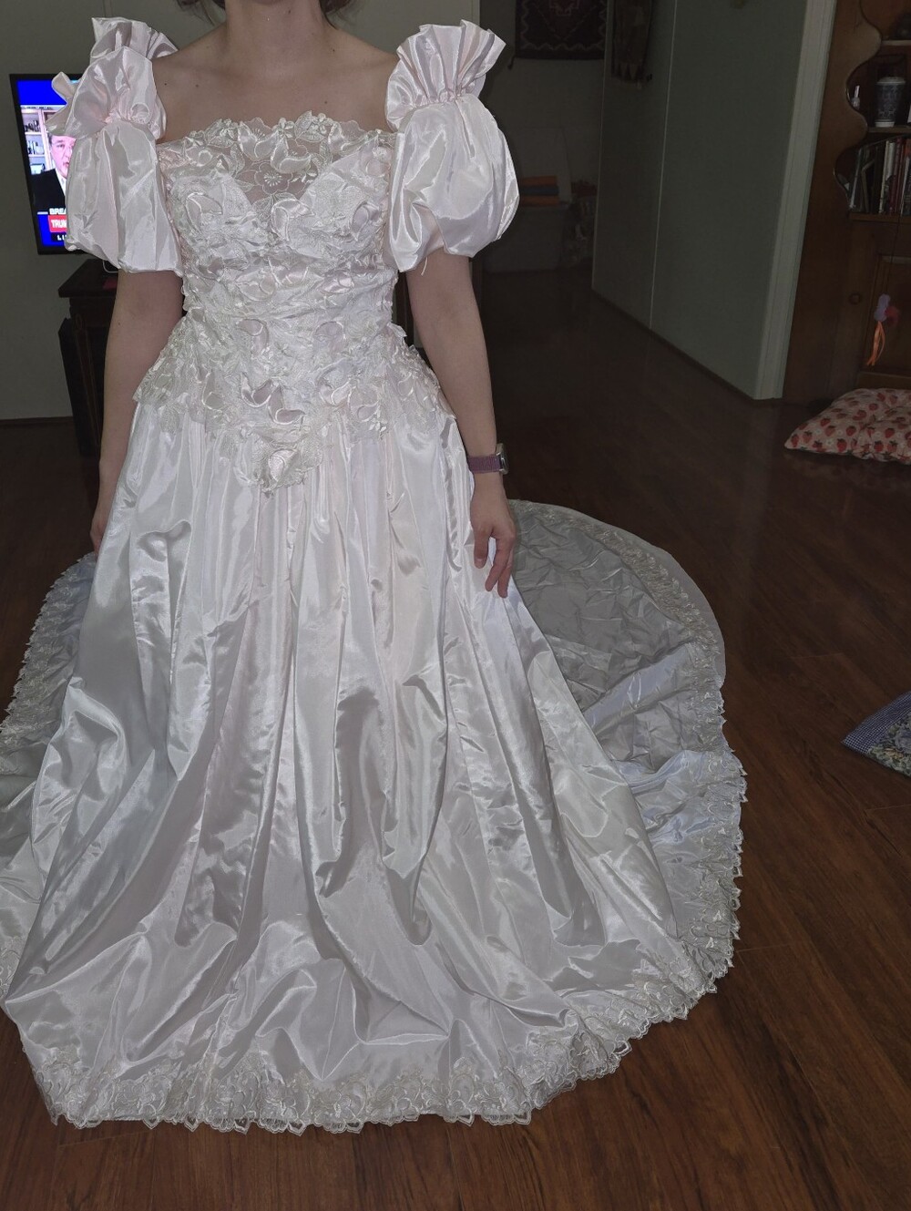 Vintage 80s 90s? Blush Lace Bust Puff Sleeve Wedding Dress, SIZE 10